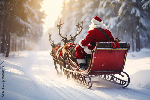 Santa Claus with reindeer sleigh on the road in winter forest