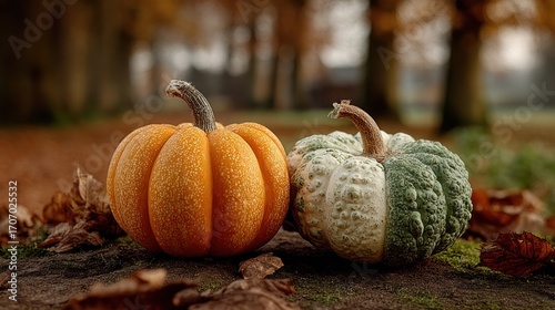 Two kind Halloween pumpkins in the park