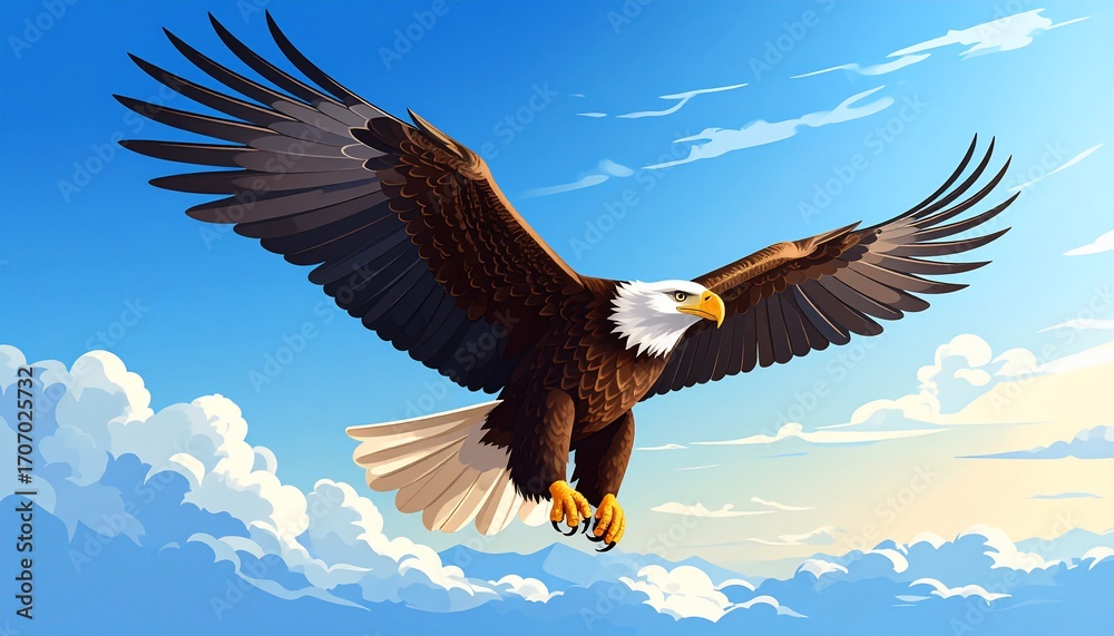 Naklejka premium Majestic Bald Eagle Soaring Through a Vibrant Blue Sky Above Wispy Clouds