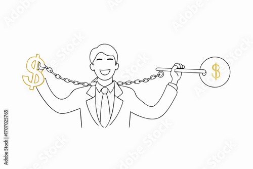 Businessman Breaking Money Chains Line Art Illustration