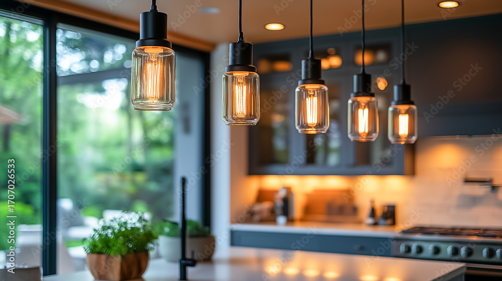 © 39LAB - Modern Kitchen with Multiple Pendant Lamps / 複数のペンダントライトが並ぶモダンキッチン