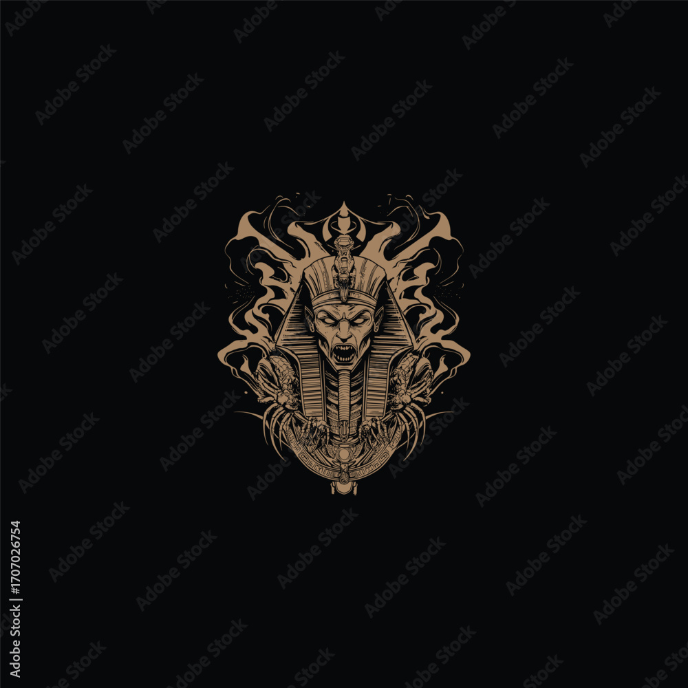 Obraz premium engraving illustration of a scary undead Pharaoh or Egyptian mummy wearing the Nemes headdress, revealing vampire fangs and dark energy swirling around the face. Concept for horror and mythology