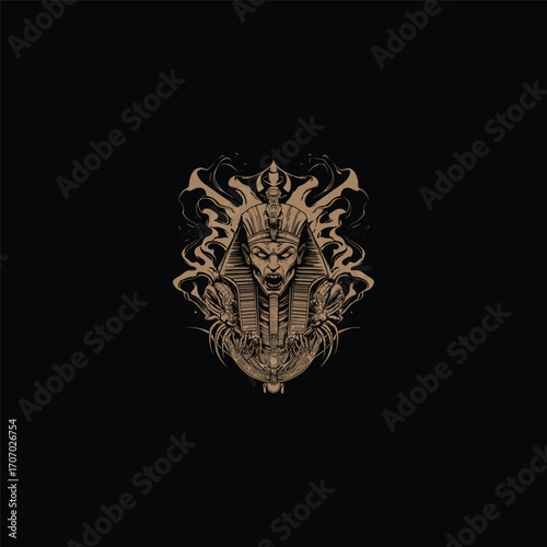 engraving illustration of a scary undead Pharaoh or Egyptian mummy wearing the Nemes headdress, revealing vampire fangs and dark energy swirling around the face. Concept for horror and mythology
