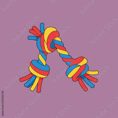 A colorful rope toy for dogs is centrally positioned on a purple background, creating a playful and inviting visual.