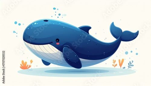 A cheerful cartoon whale swims in shallow water with bubbles and plants.