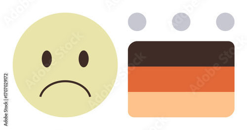 Frowning face emoticon paired with a warm-toned color palette and three gray dots. Ideal for emotion, mood, expression, feedback, design, communication, creativity. Simple flat metaphor