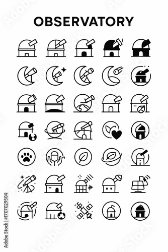Astronomy and space exploration linear icon set. Vector symbols for stargazing, telescopes, celestial bodies, and planetariums in a simple outline style