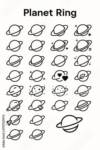 Minimalist planet with ring icon set. A collection of simple line art illustrations representing space, galaxy, and astronomy concepts for modern graphic design