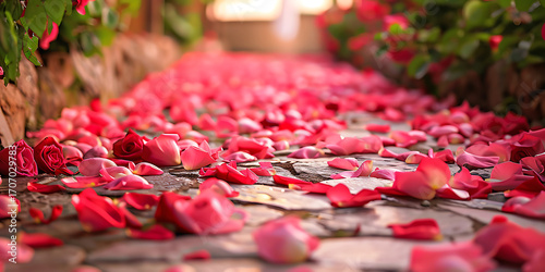 A path carpeted with vibrant pink rose petals, creating a romantic and celebratory atmosphere.