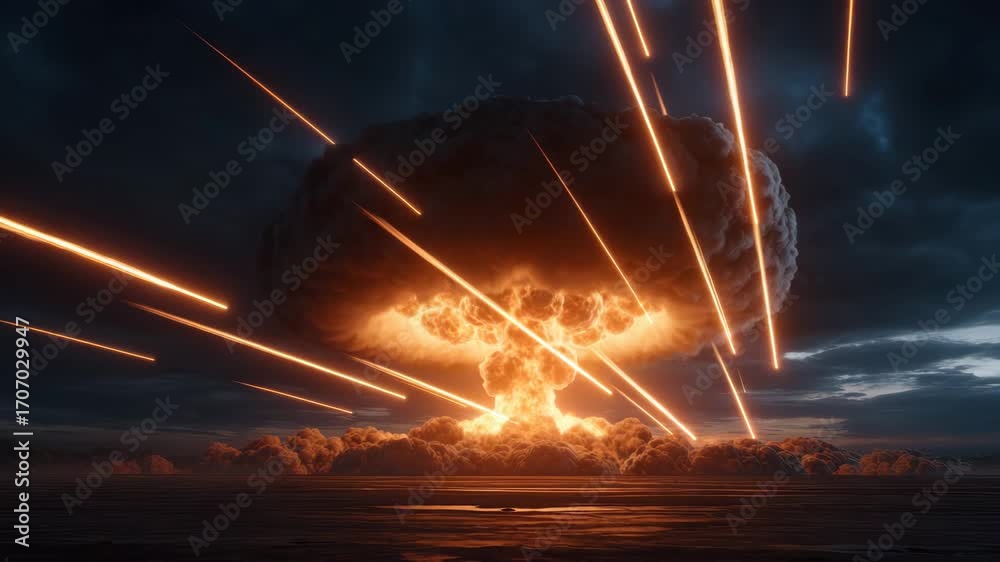 Nuclear explosion mushroom cloud fireball night sky glowing streak intense blast fiery impact dramatic scene destructive force dark cloud fiery eruption smoke plume energy release