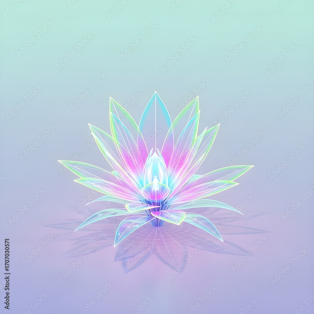 Obraz premium Ethereal glowing holographic lotus flower on a serene pastel purple gradient background