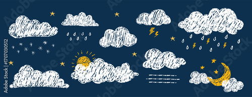 Chalk pencil clouds. Dreamy white clouds with childish texture. Weather forecasts icons on night sky. Vector illustration isolated on dark blue background.