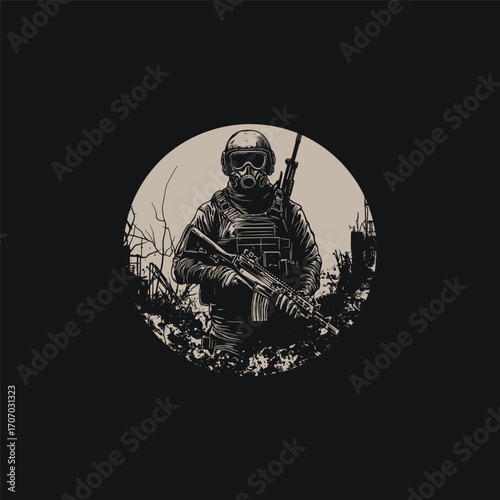 illustration of a soldier or post-apocalyptic survivor wearing a gas mask and tactical gear, holding a rifle and standing in a ruined, desolate environment. Concept for military, war, and survival