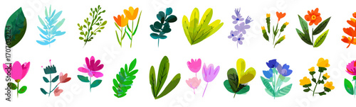 Floral Elements Collection of Bright Spring Flowers and Leaves in Colorful Vector Illustration