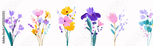 Floral Elements Collection Vibrant Spring Flowers Illustration with Colorful Stems Across a White Background