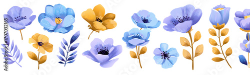 Floral Elements Collection with Spring Flowers in Violet Blue and Golden Tones for Decorative Design