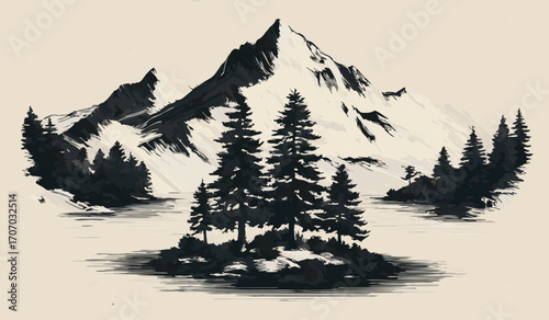 Monochrome Hand Drawn Mountain Landscape with Pine Trees and a Tranquil Lake in a Vector Illustration