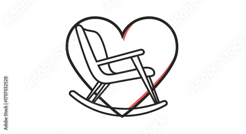 Illustration of a rocking chair outlined in black with red accents, forming a heart shape around it on a white background.