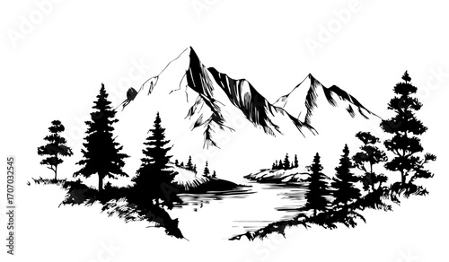 Monochrome Hand Drawn Mountain Landscape with Snowy Peaks, Reflective Lake, and Pine Forest Silhouette
