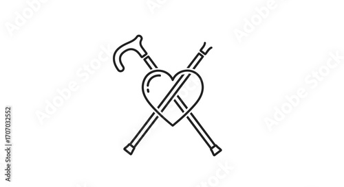 A minimalist line drawing of a heart pierced by two crossed crutches on a plain white background, symbolizing support for older adults on the International Day of Older Persons.