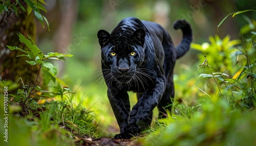 A majestic black panther with a sleek, dark coat stalks forward on a forest path, its piercing yellow eyes locked in an intense gaze amidst the vibrant green jungle