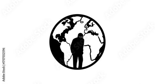 A black silhouette illustration of an elderly man and woman standing together on a stylized globe, symbolizing unity and respect on International Day of Older Persons.