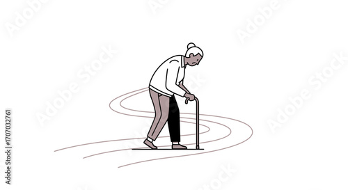 Illustration of an elderly man using a walker on a winding path on International Day of Older Persons with a simple, supportive mood.