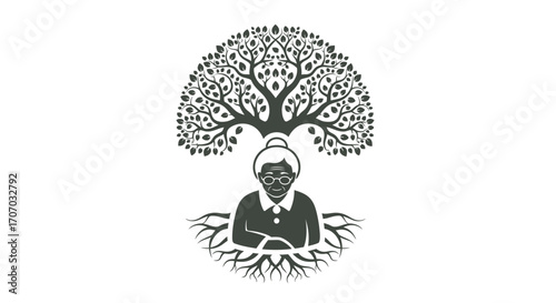An intricate illustration of an elderly woman with a large, detailed family tree growing from her head, symbolizing wisdom, heritage, and deep roots.