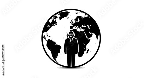 A businessman standing on a world globe.