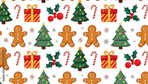 Festive Christmas pattern with trees and gingerbread men