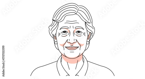 A smiling senior woman with short gray hair, highlighted facial features and a collared shirt, symbolizing respect and celebration on International Day of Older Persons against a clean