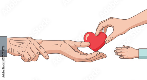 Hands exchanging a heart-shaped gift, symbolizing love and care between generations.