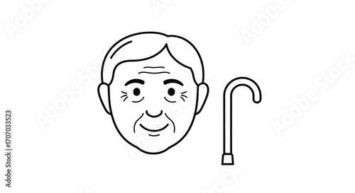 A simple line art illustration of an elderly person's face next to a walking cane, symbolizing old age and mobility support.