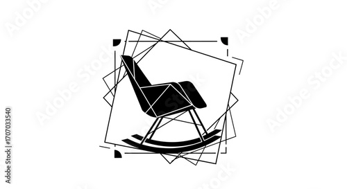 A minimalist black and white graphic design featuring a modern rocking chair within a geometric frame.