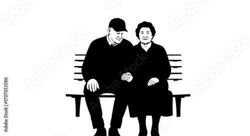 Black and white illustration of an elderly couple sitting together on a park bench.