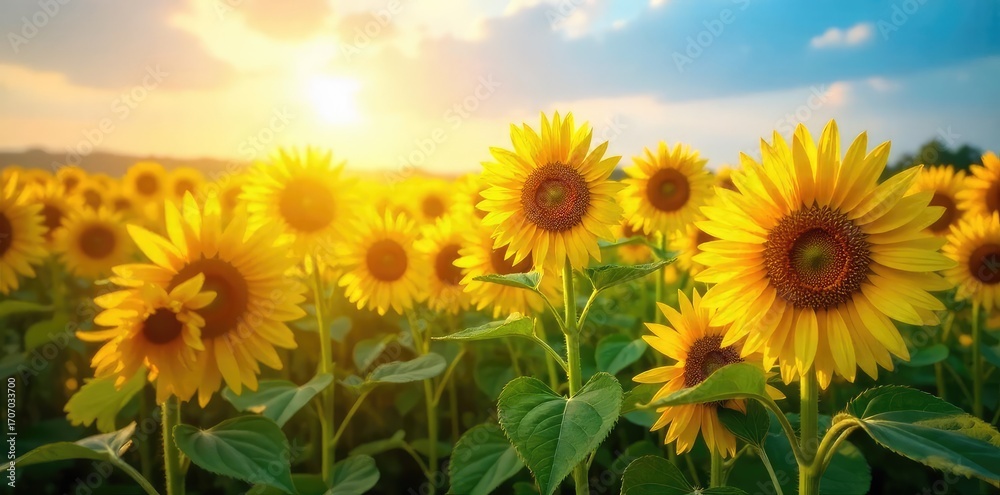 Fototapeta premium A vibrant field of sunflowers basking in sunlight, symbolizing the clean and sustainable power of renewable energy from nature's bounty , renewable resources, leaves, sustainable development