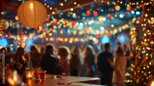 Festive Christmas party scene with people enjoying drinks under colorful lights  