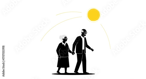 Silhouette of an elderly couple walking hand-in-hand under a bright sun.
