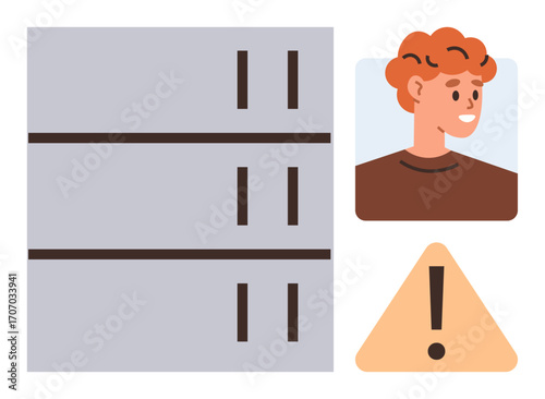 Server rack with notification icon, young operator portrait, caution triangle indicating potential risks. Ideal for IT, data safety, help desk support, cybersecurity, alert systems, tech issues