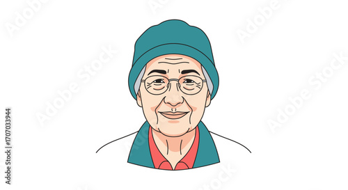 Portrait illustration of an elderly Asian woman wearing glasses and a teal beanie.