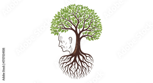 Wise old man's head merges with tree roots and crown.