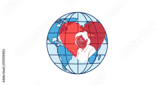 A stylized globe with a large red heart superimposed, featuring a portrait of an elderly woman within the heart.