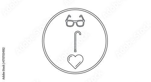 Iconic representation of elderly care with glasses, cane, and heart inside a circle.