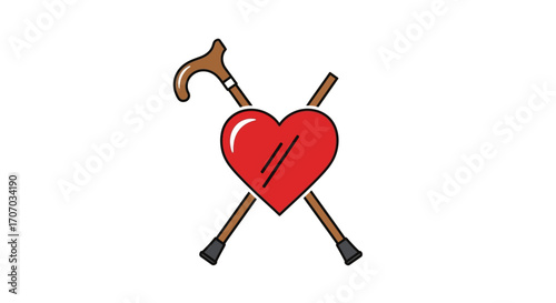 Red heart with crossed walking canes, symbolizing care for the elderly.