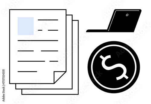 Documents symbolize business paperwork, a black laptop indicates digital processes, and a dollar coin shows financial aspects. Ideal for finance, business, marketing, accounting, management