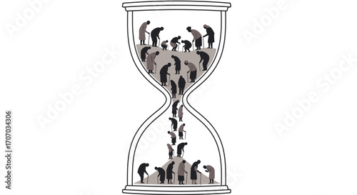 A conceptual illustration of an hourglass where human figures, representing generations, fall like sand, symbolizing aging and the passage of time.