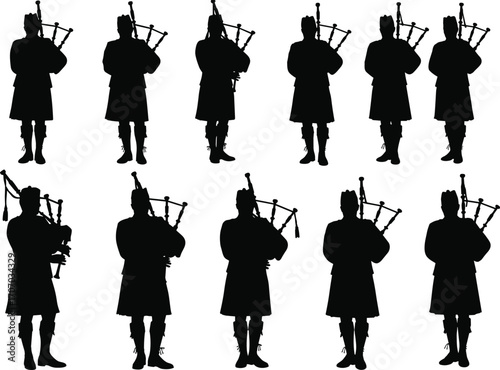 Bagpiper silhouette vector collection, traditional Scottish musician in kilt playing bagpipes, cultural heritage illustration, black isolated performer artwork set.