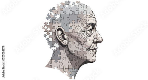An artistic illustration of an elderly person's head, with the brain represented by puzzle pieces.