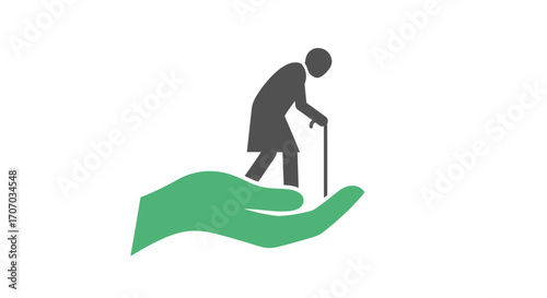 A gray silhouette of an elderly person with a cane being supported by a large green hand on a white background, symbolizing care and support on International Day of Older Persons.