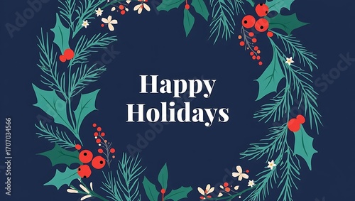 Festive Season Greetings with Holly and Pine Branches